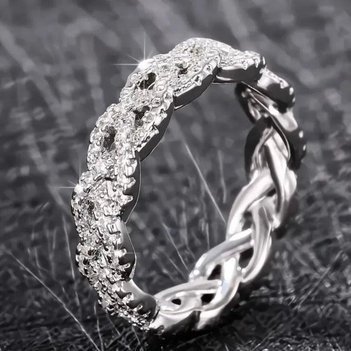 Geometric Cubic Zirconia Silver Twist Bridal Wedding Ring Elegant Band