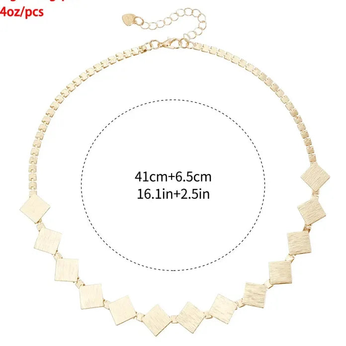 Brushed Metal Retro Square Necklace Bracelet Earrings Set for Women Jewelry Gift