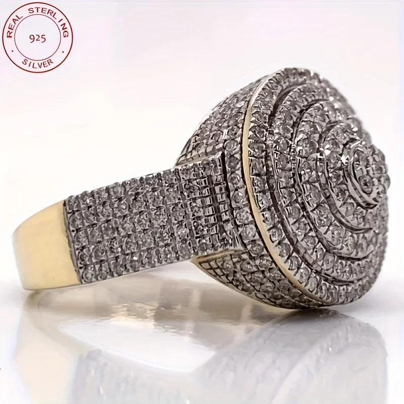 Men’s Luxury Iced Out Ring 925 Silver Gold Plated Round AAAAA Zircon