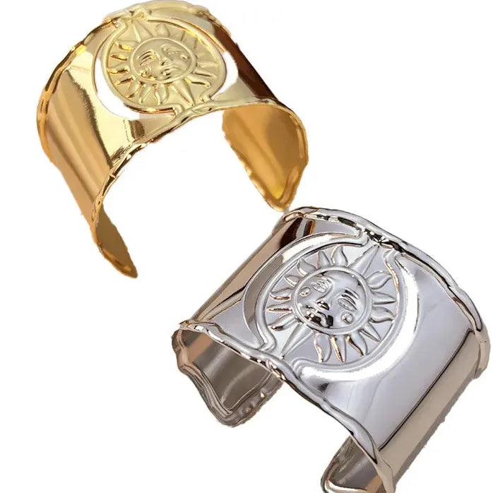 Gold Plated Stainless Steel Sun Pattern Wide Cuff Bracelet for Women