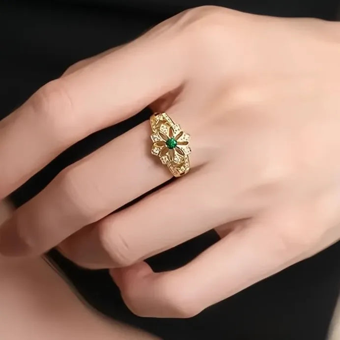 Geometric Green Cubic Zirconia Flower Ring for Women Wedding Gift