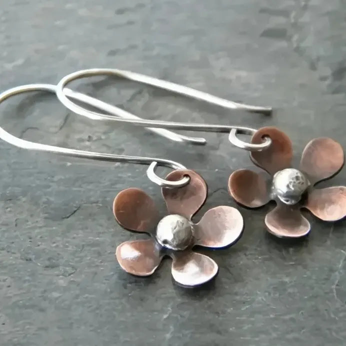 Vintage Two Tone Geometric Flower Drop Earrings Metal Jewelry for Women