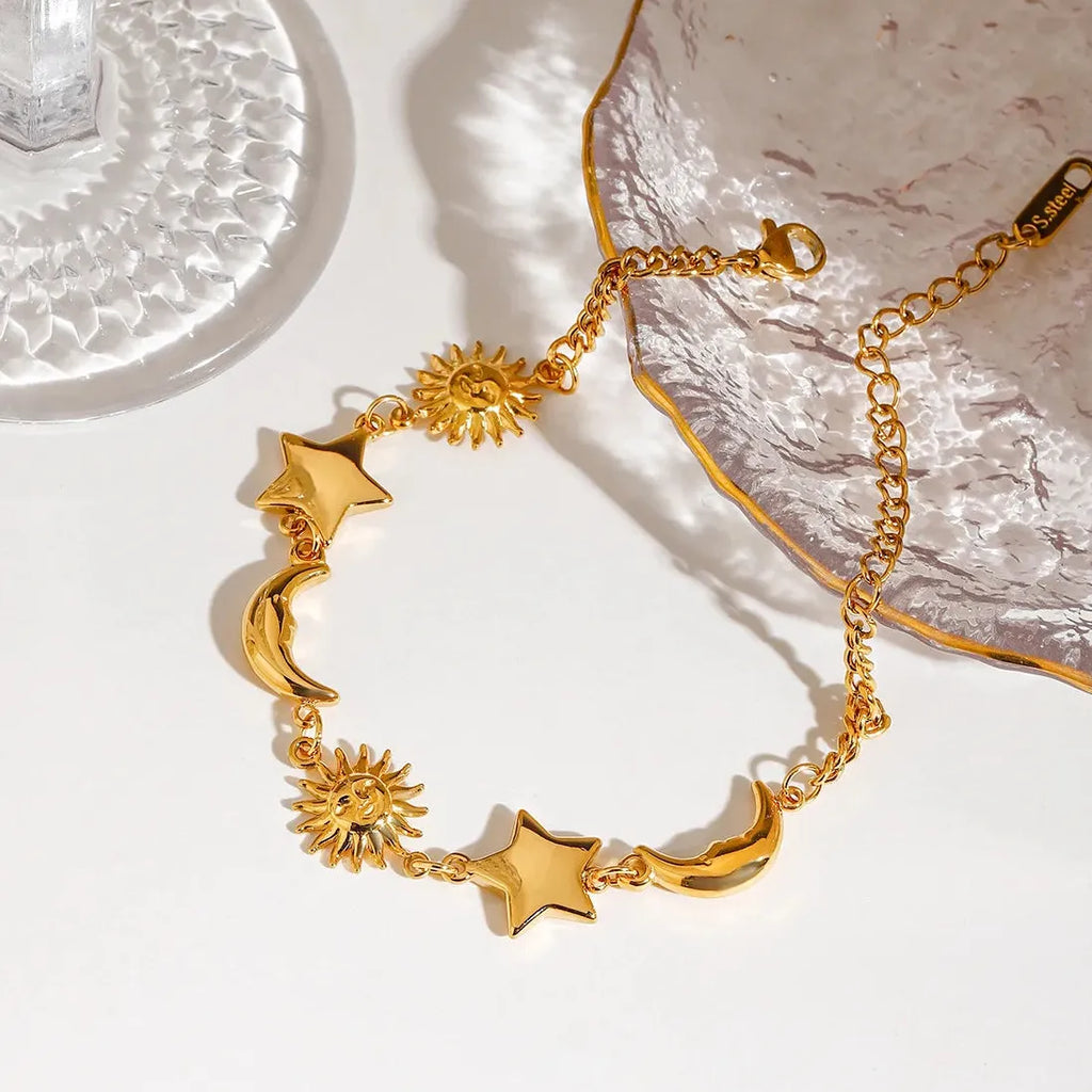Stainless Steel Star Moon Sun Bracelet for Women Girls Gold Adjustable Chain Bangle Jewelry