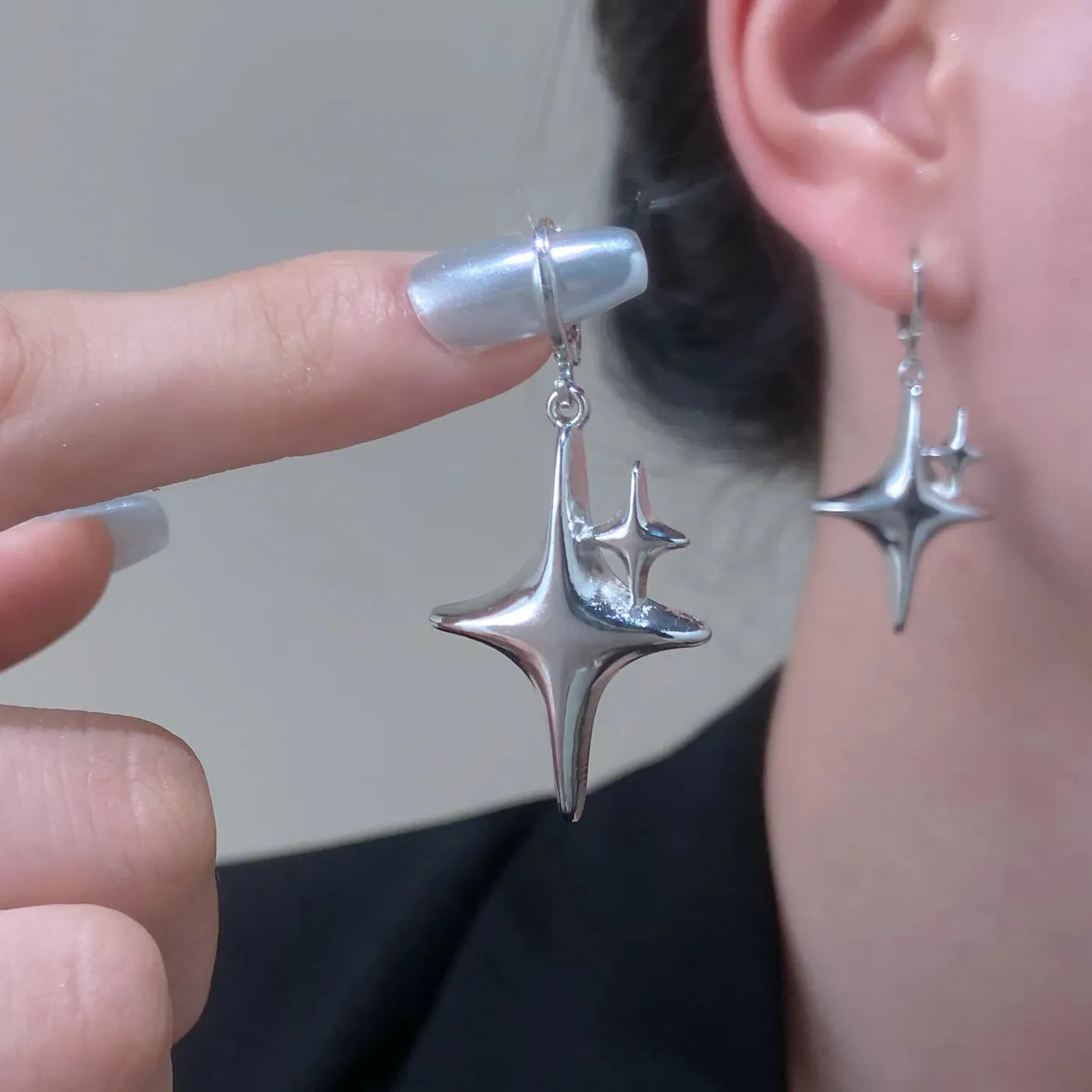 Y2K Silver Metal Star Drop Earrings Rhinestone Punk Jewelry for Women