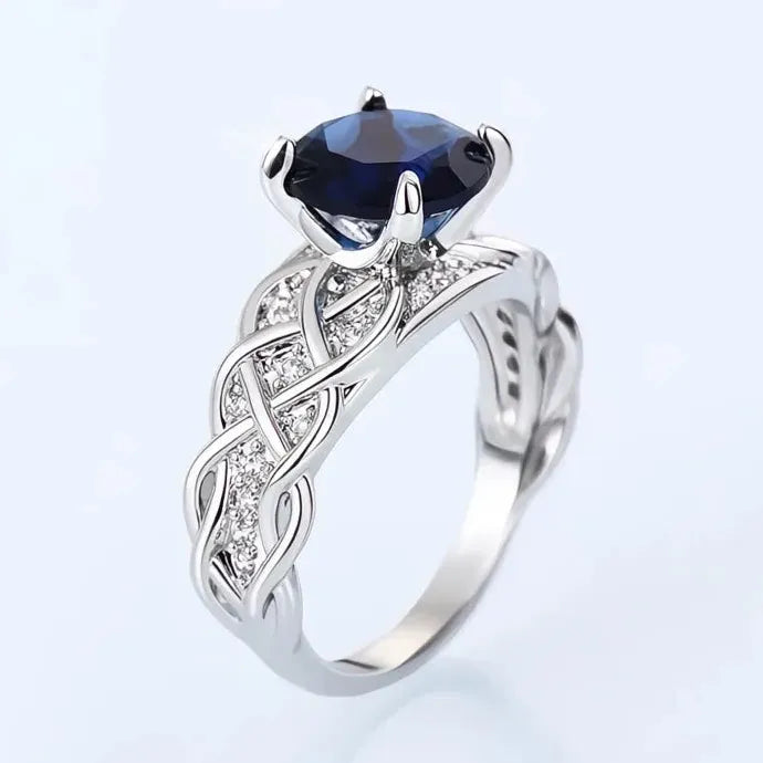 Elegant Silver Brass Women’s Blue CZ Geometric Ring Wedding Party Jewelry Gift