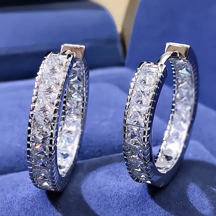 Luxury Silver Color Geometric Square Cubic Zirconia Hoop Earrings for Women