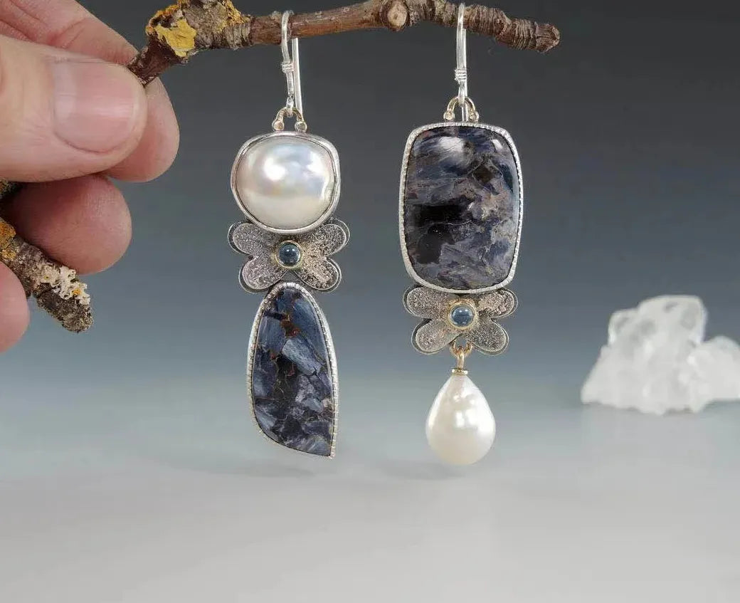 Vintage Asymmetrical Imitation Pearl Drop Earrings Dark Blue Flower Metal Jewelry