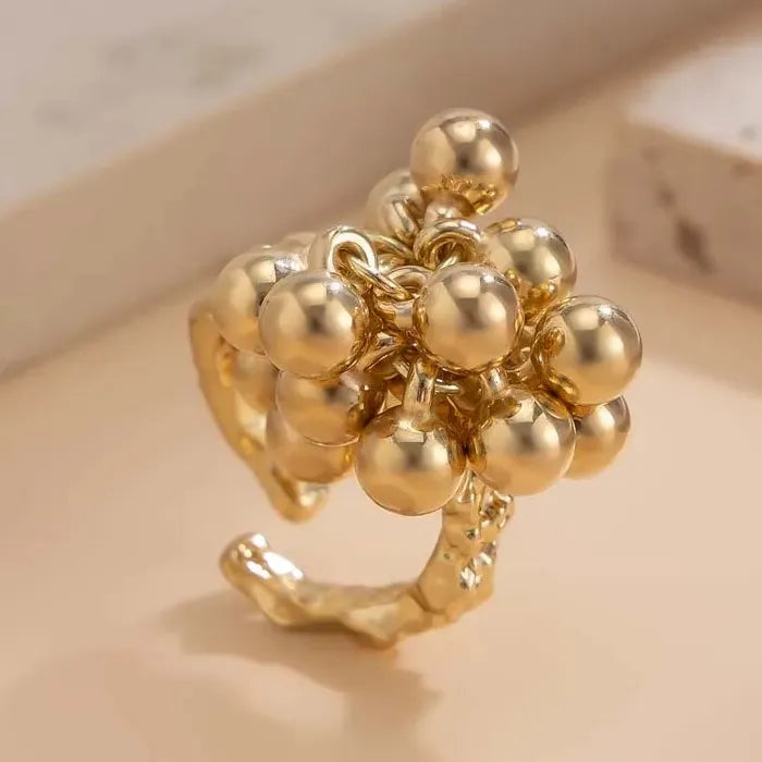 Vintage Adjustable Gold Metal Beads Open Ball Rings for Women Fashion Jewelry