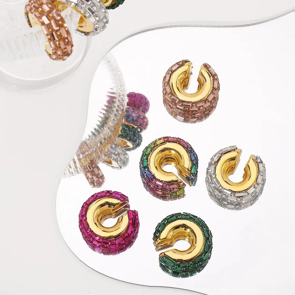 Luxury Colorful Crystal C-Shape Zinc Alloy Clip Ear Cuffs for Women