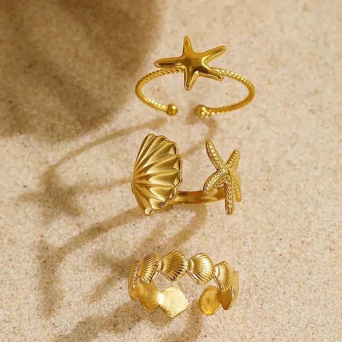 3Pcs Adjustable Stainless Steel Starfish Rings Set for Women Vintage Gold Jewelry