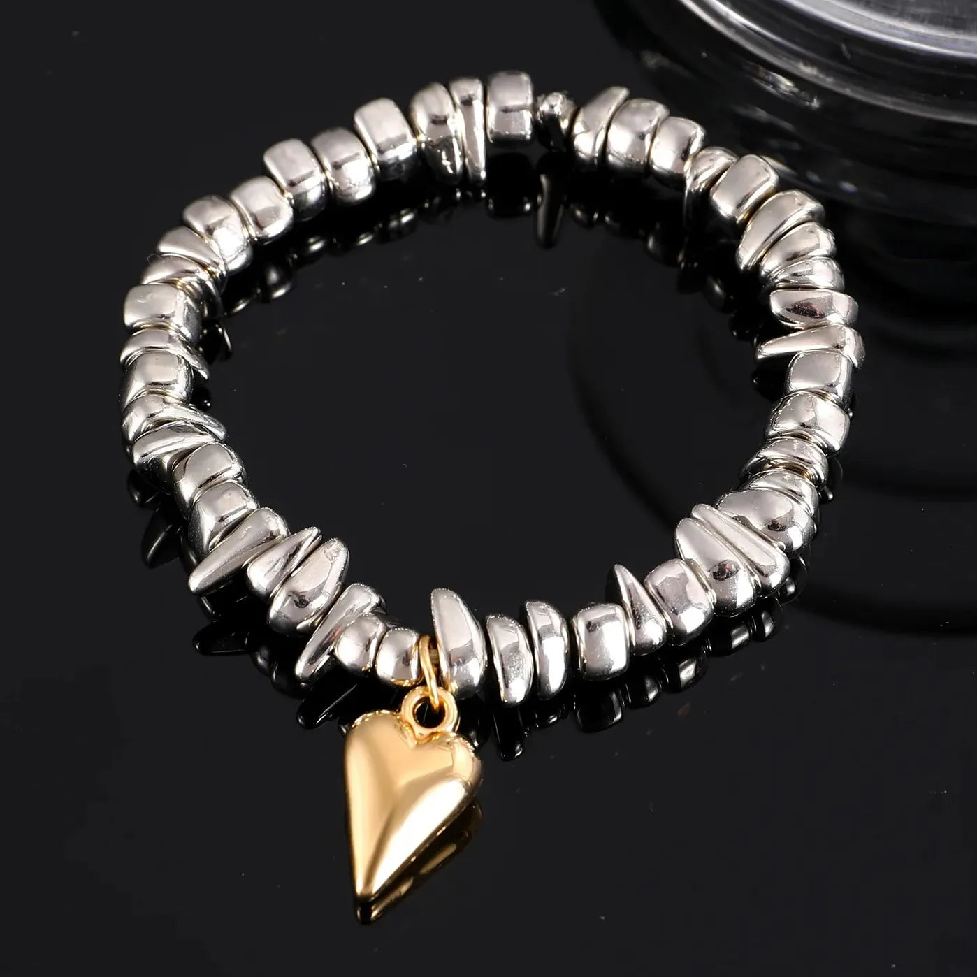 Vintage Heart Shaped Geometric Silver Bead Stretch Bracelet for Women Gift