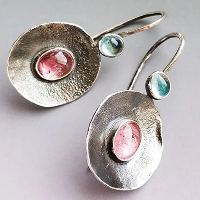 Retro Silver Drop Earrings with Blue Gemstone Pendant for Women Party Jewelry