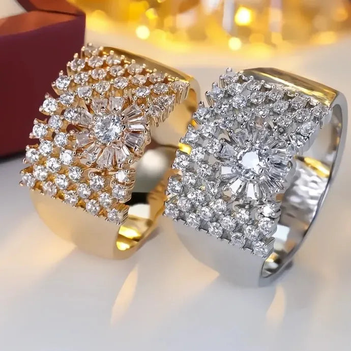 Wide Band Cubic Zirconia Cocktail Ring for Women Gold Silver Jewelry Party