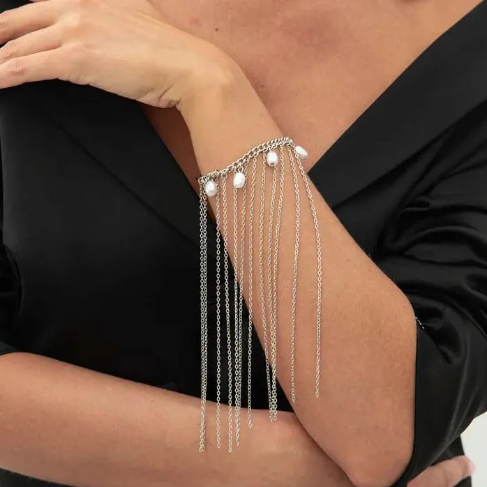 Imitation Pearl Long Tassel Hand Chain Bracelet Women Metal Charm Jewelry Gift