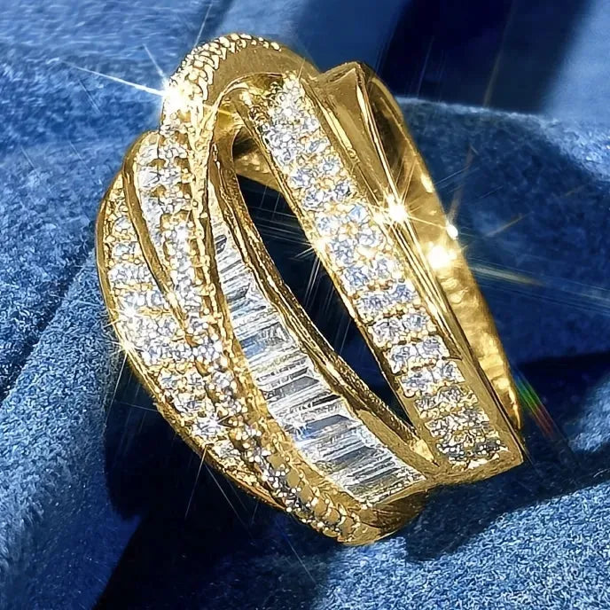 Luxury Gold Color Brass Women Rings with Cubic Zirconia Pave Geometric Design for Wedding Party Engagement