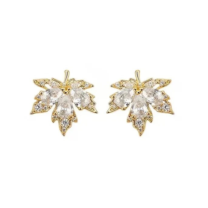 Gold Maple Leaf Stud Earrings with Cubic Zirconia Copper Alloy Jewelry for Women