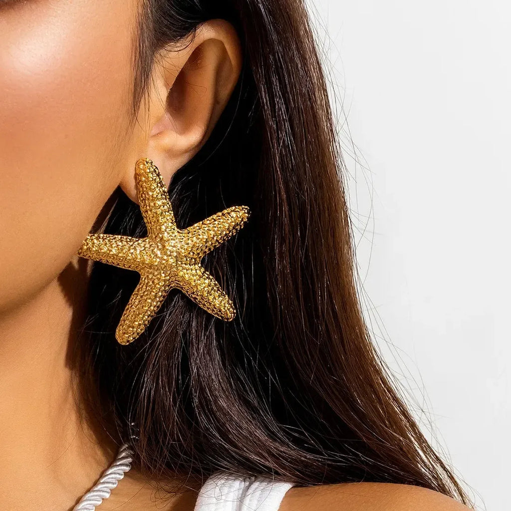 Gold Starfish Seashell Earrings Boho Ocean Studs Gift Jewelry