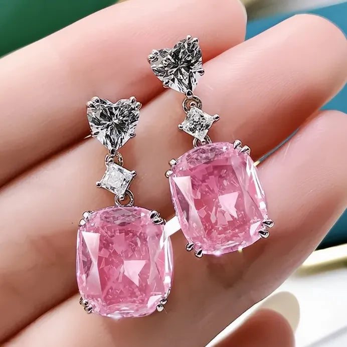 Luxury Bright Pink Geometric CZ Drop Earrings Bridal Wedding Jewelry