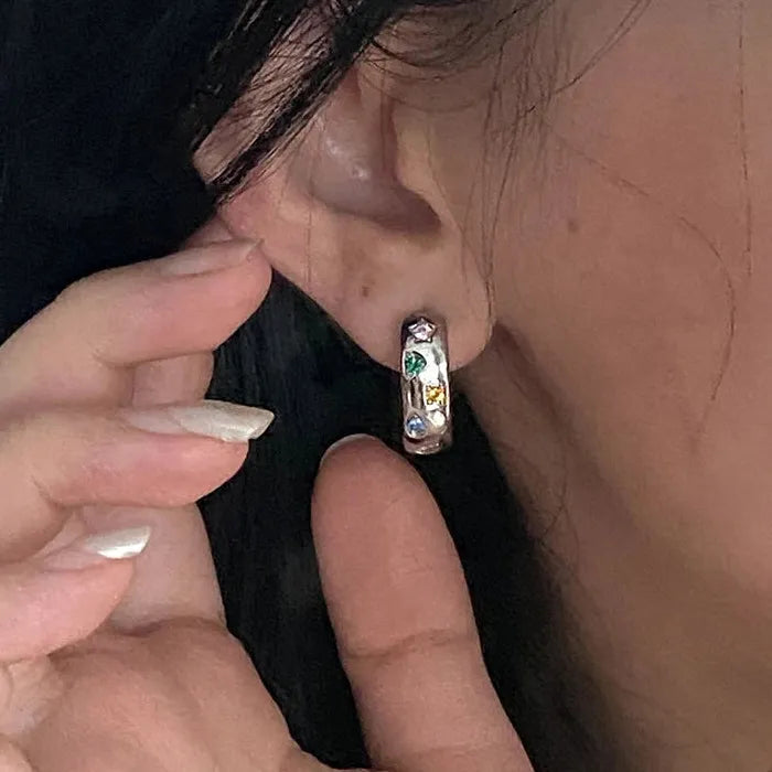 Rainbow Zircon Geometric Hoop Earrings Stainless Steel for Women