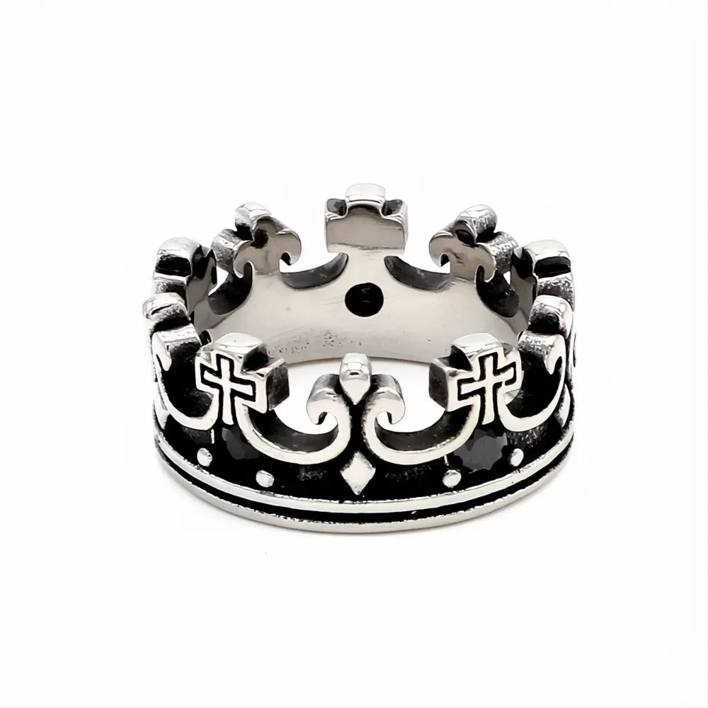 Vintage Crown Stone Ring 316L Stainless Steel Silver Gold Black Jewelry for Men Women Gift