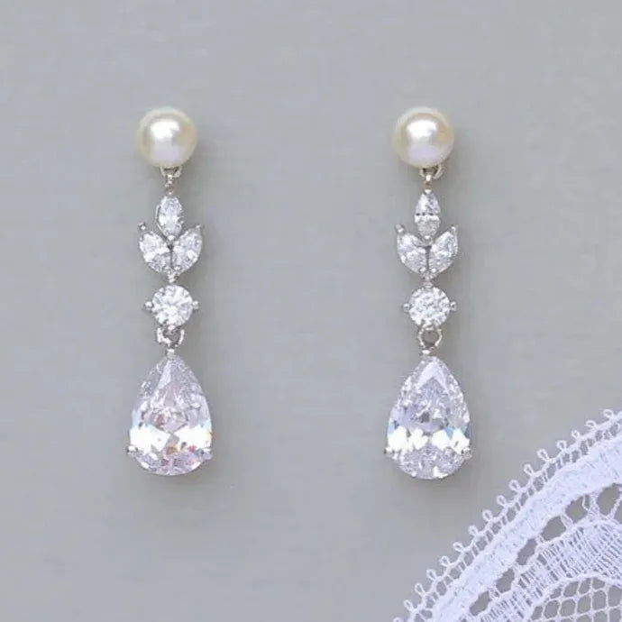 Water Drop Cubic Zirconia Dangle Earrings Silver Color Zinc Alloy Wedding Engagement