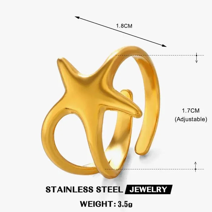 Adjustable Stainless Steel Gold Starfish Ring Vintage Beach Jewelry Women