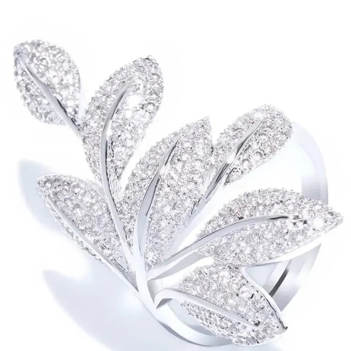 Exaggerated Leaf Brass Ring with Cubic Zirconia for Women Wedding Jewelry