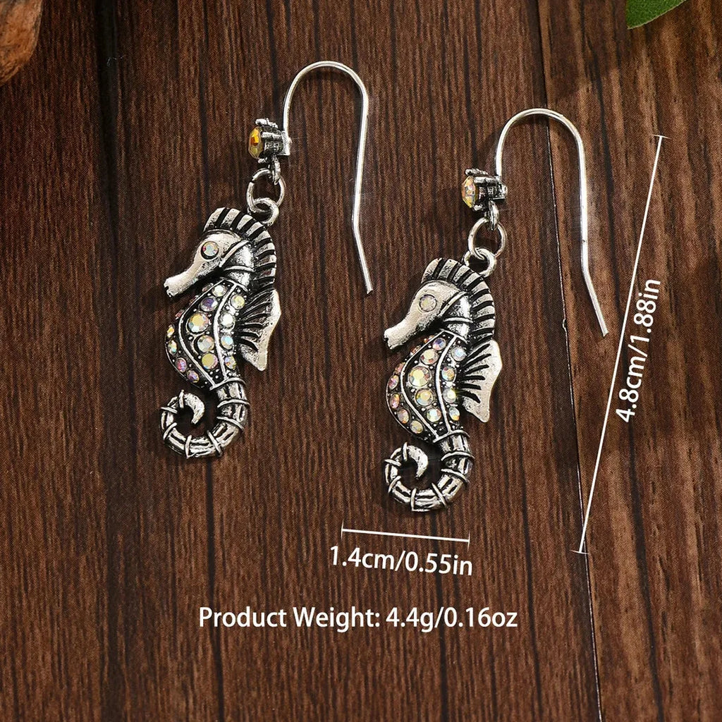 Silvery Metal Seahorse Drop Earrings with Blue Zircon for Women, Party Jewelry