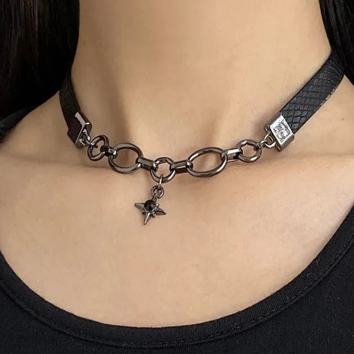 Punk Black Leather Star Collarbone Necklace Unisex Rock Hip Hop Jewelry