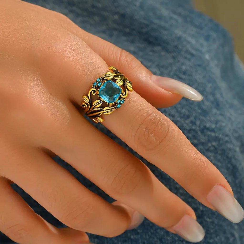 Vintage Blue Crystal Zircon Ring Gold Petals Bohemian Women's Wedding Jewelry