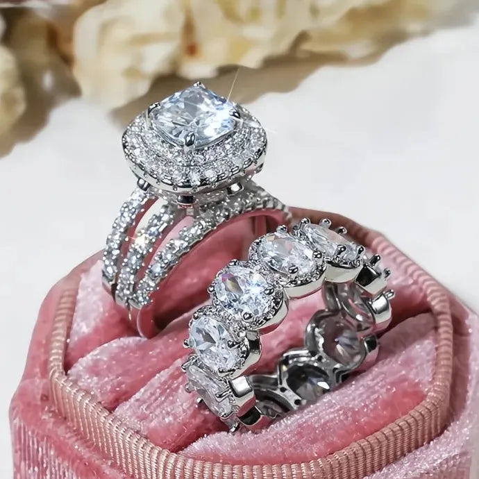 2Pcs Women’s Wedding Rings Set Brass Cubic Zirconia Geometric Bridal Jewelry