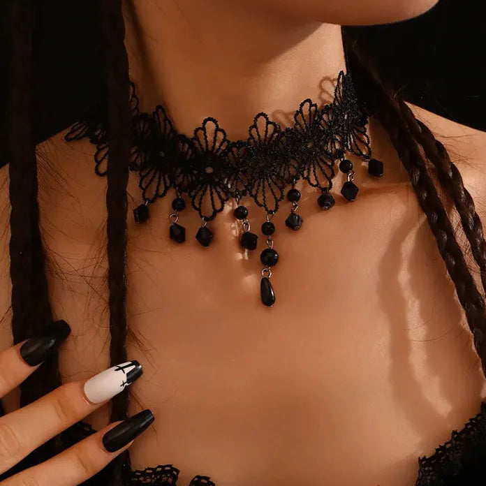 Black Lace Gothic Punk Choker Necklace with Pearl Tassel Roseflower Jewelry