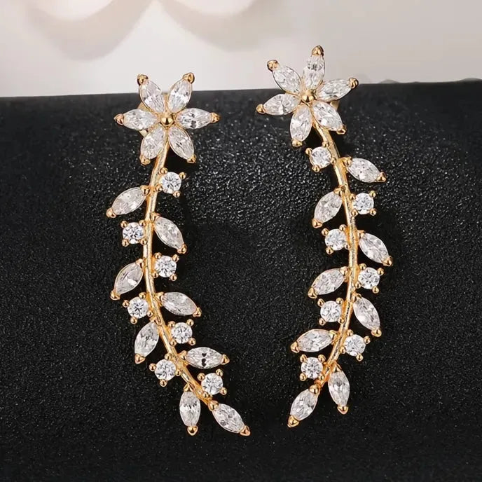 Aesthetic Flower Cubic Zirconia Geometric Stud Climb Earrings for Women Copper Alloy Jewelry