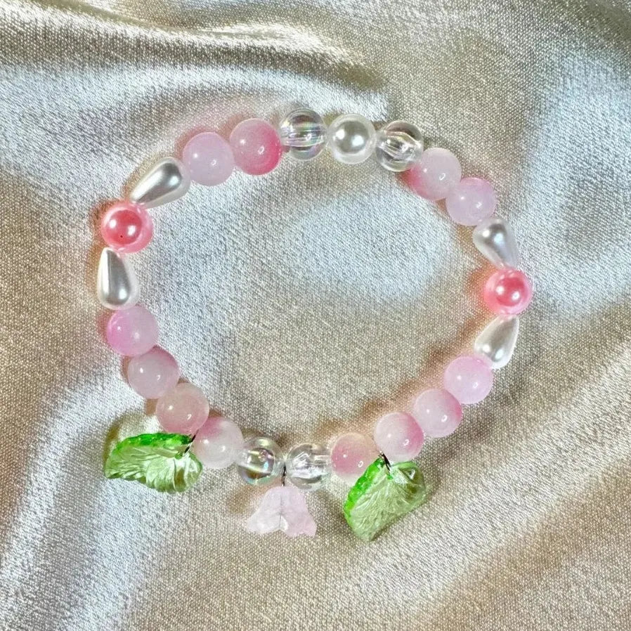 Handmade Fashion Colored Glass Flower Bracelet for Women Elastic Beaded Pearl Jewelry