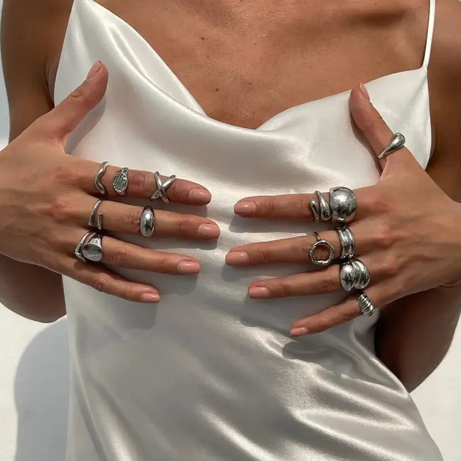 14Pcs Vintage Silver Punk Hiphop Metal Knuckle Rings Geometric Design for Women Men