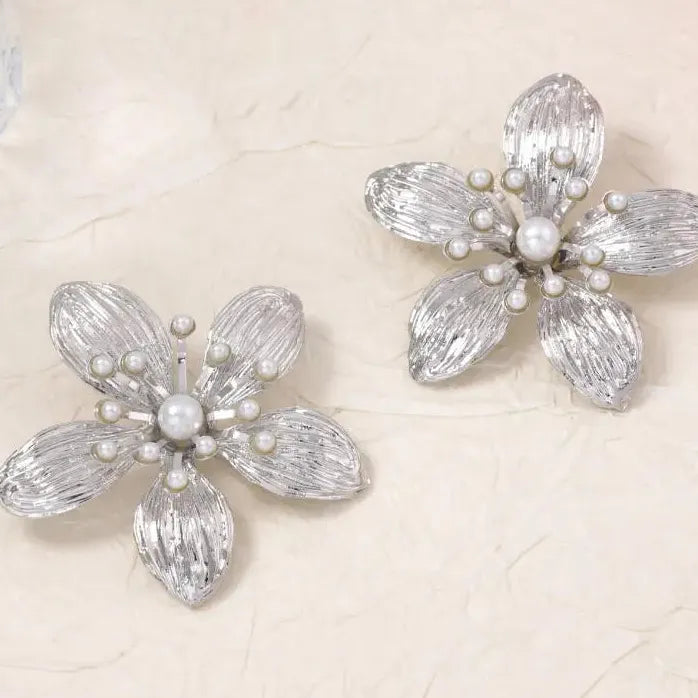 Vintage Texture Large Flower Pearl Drop Earrings for Women Jewelry Gift
