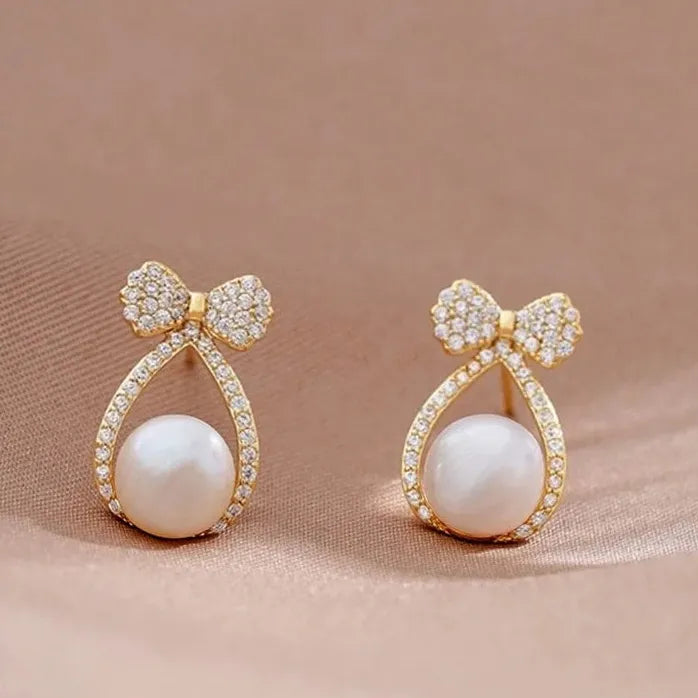 French Elegant Copper Alloy Bowknot Pearl Pendant Drop Earrings 2024 Jewelry Women