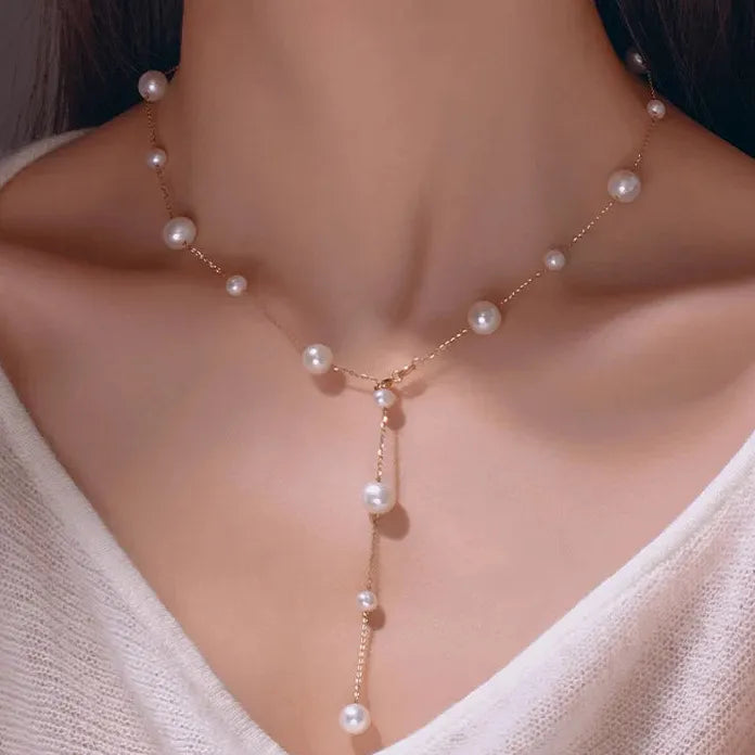 Imitation Pearl Choker Necklace for Women Double Layer Gold Chain Circle Pendant Gift