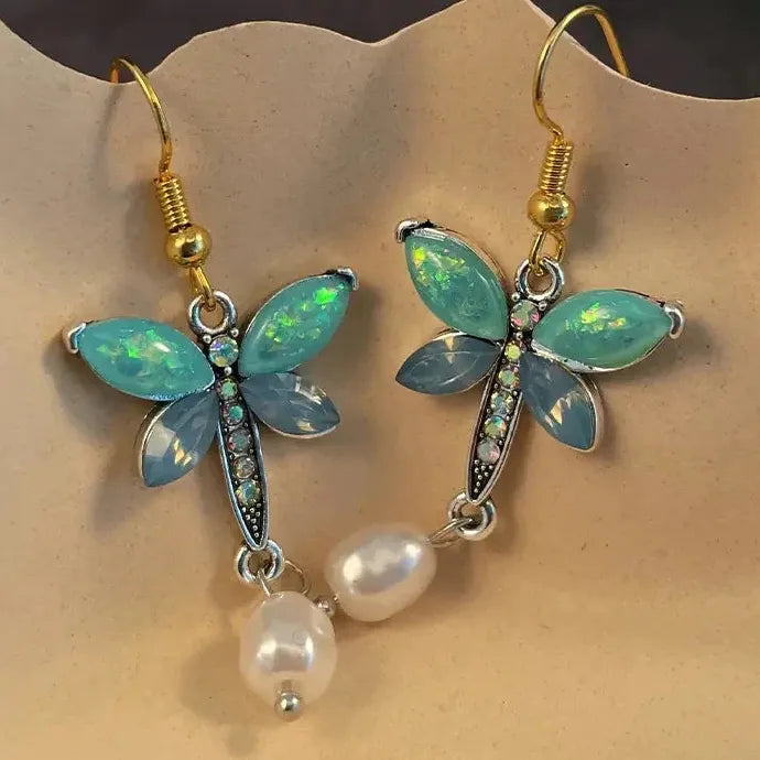 Elegant Dragonfly Carving Seven Color Gemstone Hook Earrings for Women Wedding Jewelry