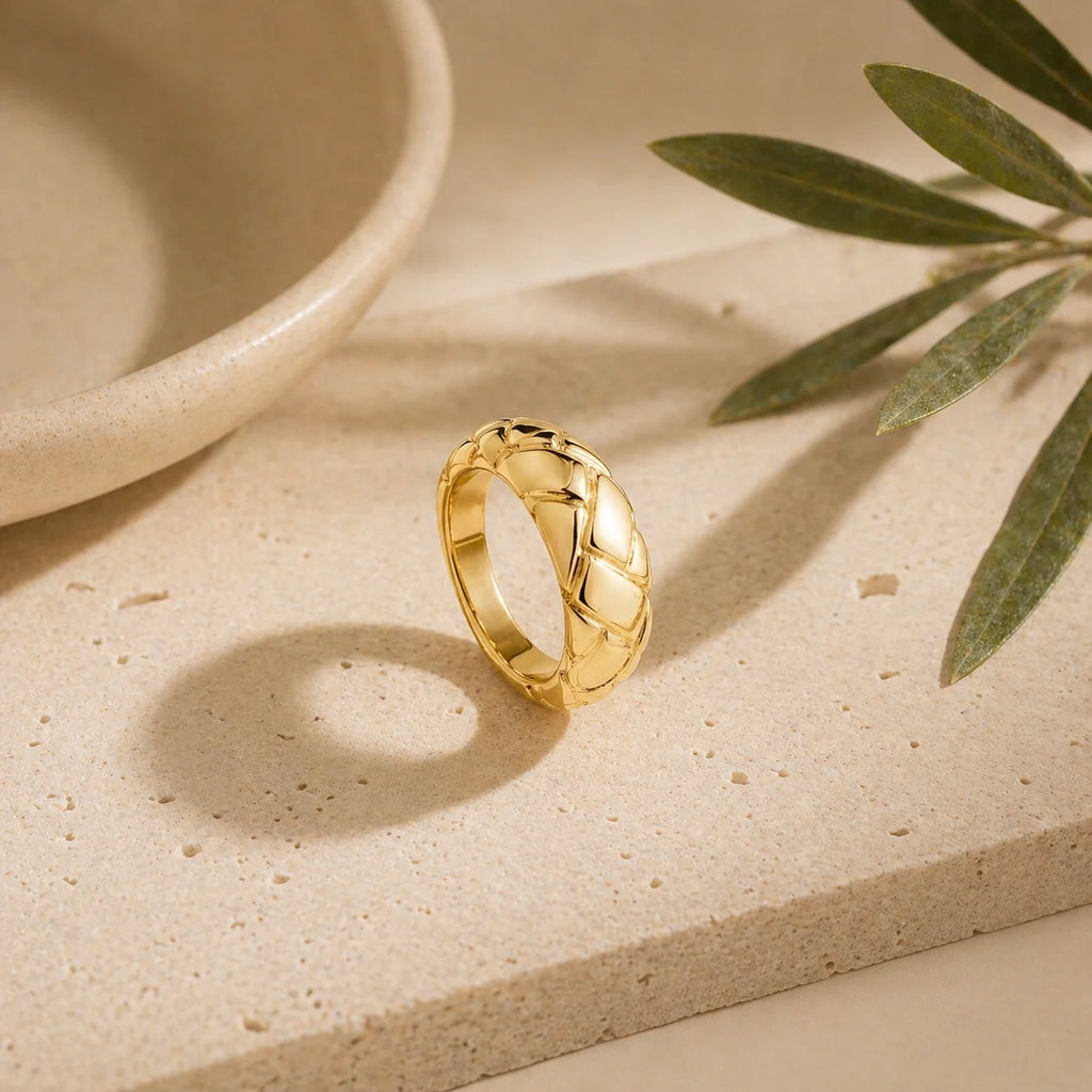 Gold Plated Quilted Dome Copper Ring Geometric Chunky Band for Women Gift