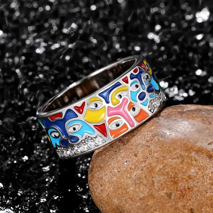 Gold Brass Geometric Ring with Colored Enamel and Cubic Zirconia Jewelry