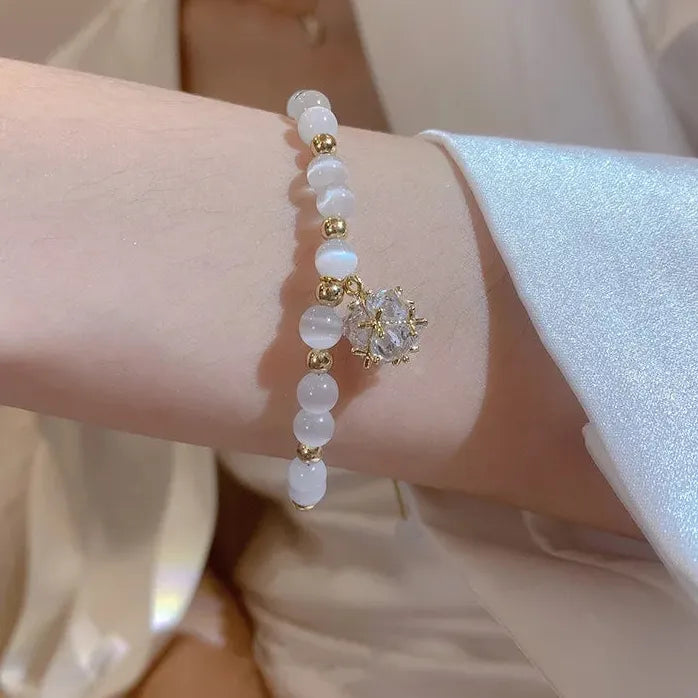 Korean White Opal Pearl Crystal Adjustable Cuff Bracelet Women Gift Jewelry