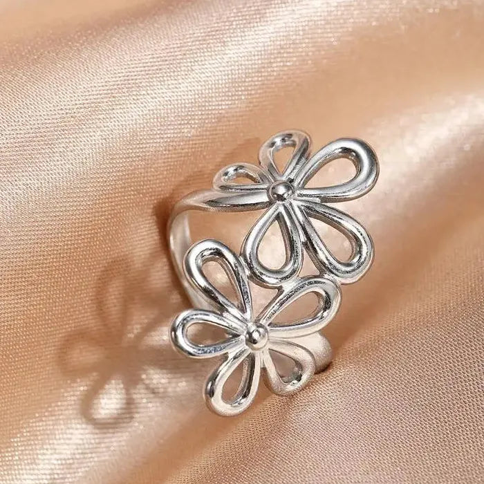 Vintage Stainless Steel Daisy Flower Ring Women Open Band Jewelry Gift