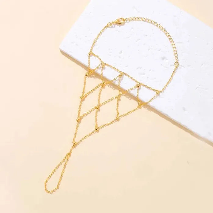 Bohemian Gold Mesh Hand Chain Bracelet Ring for Women Copper Rhinestone Bridal Gift