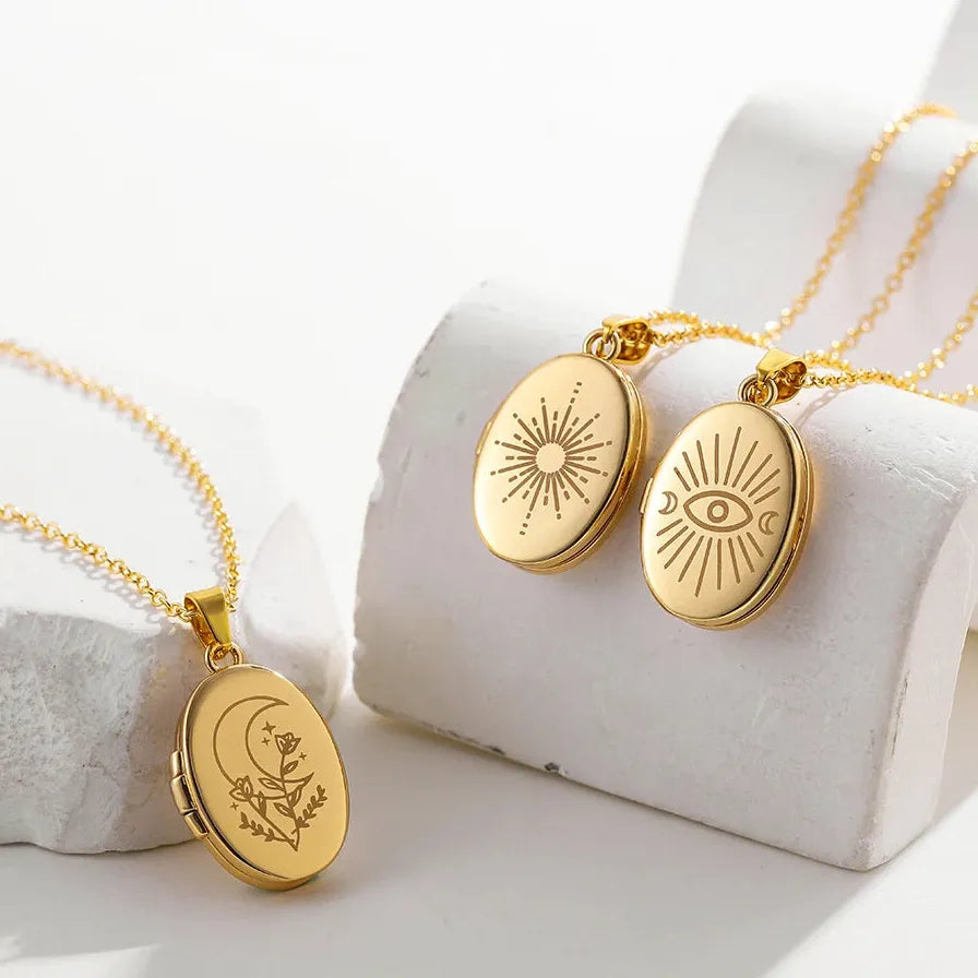 Vintage Gold Moon Evil Eye Photo Frame Locket Pendant Necklace Stainless Steel Jewelry