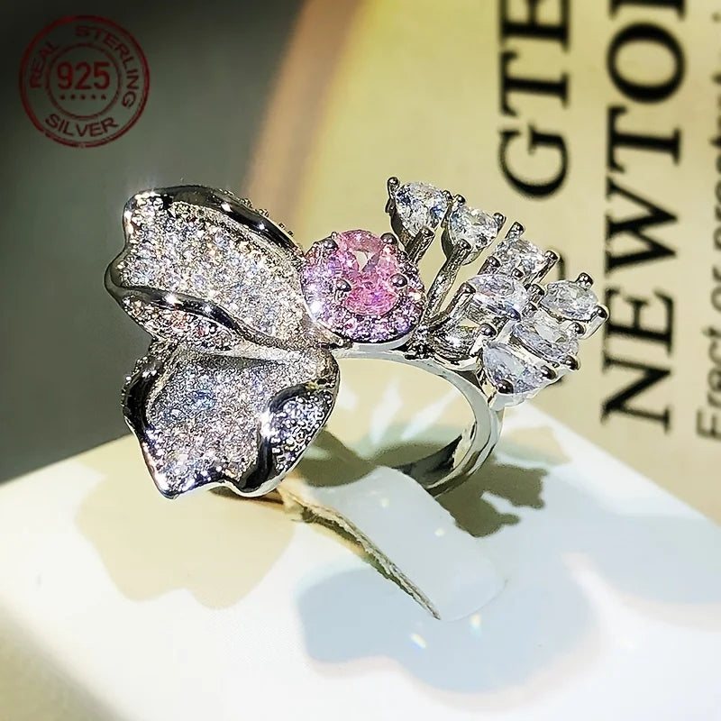 18K Gold Plated Enamel Zircon Ring Round Cut Open Women Wedding