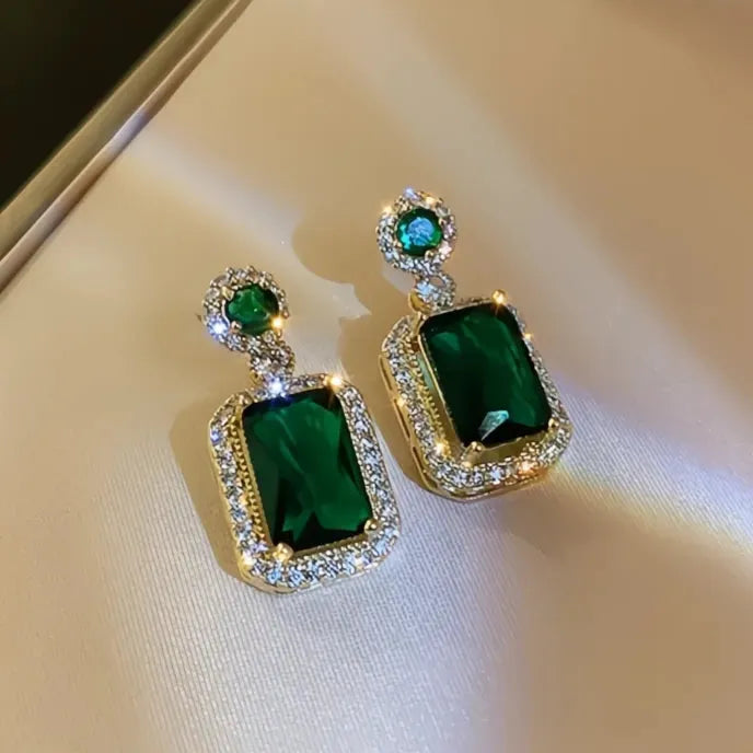 Full Bling Iced Out Blue Green Cubic Zirconia Geometric Drop Earrings for Women Wedding Party Jewelry Copper Alloy