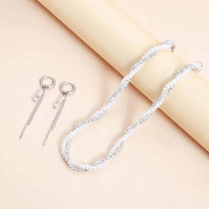 Vintage Pearl Crystal Drop Earrings and Necklace Set for Women Zinc Alloy