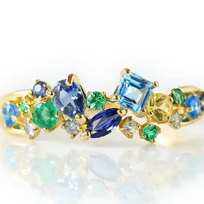 Modern Women's Brass Geometric Ring with Blue Green Cubic Zirconia Jewelry