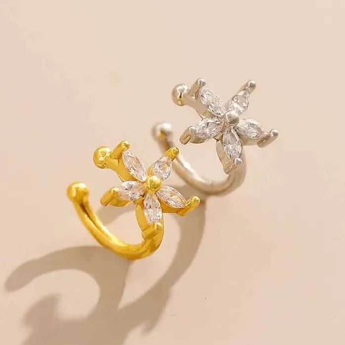 Sparkling Zircon Flower Clip Earrings Women Geometric C-Shaped No Piercing Jewelry